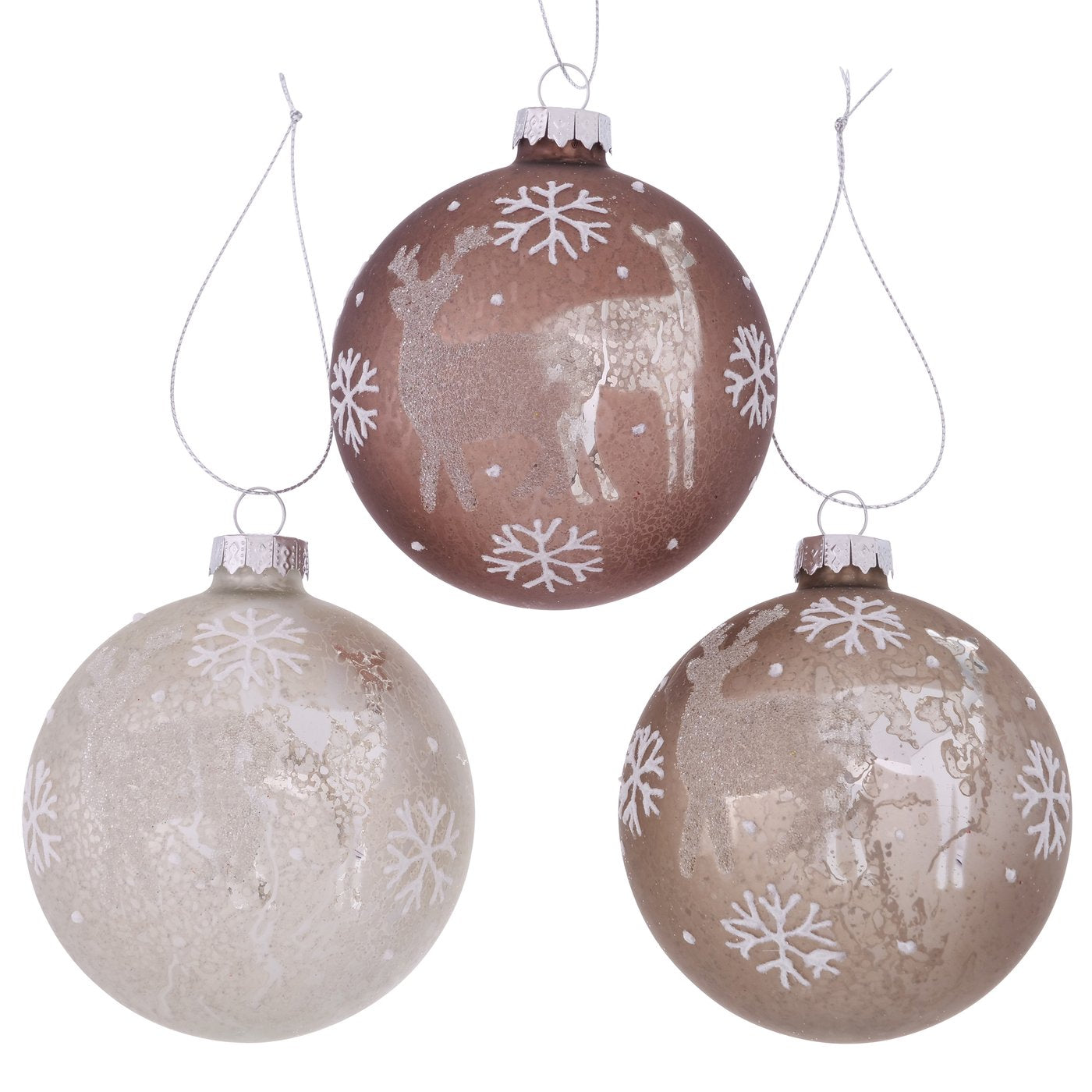 12-tlg. Glas-Weihnachtskugeln „Merivo“ von Boltze, Ø 8 cm. Beige, Grau & Taupe matt mit Hirsch-, Reh- & Schneeflockenmotiv