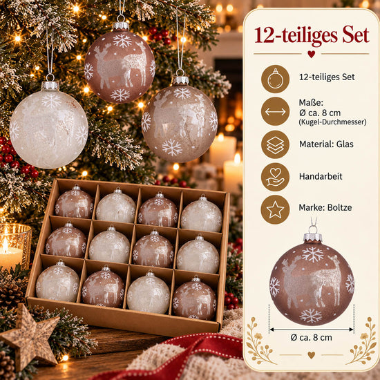 Weihnachtskugeln taupe beige mit Hirsch Ø 8 cm – Merivo – Malou Home Design®