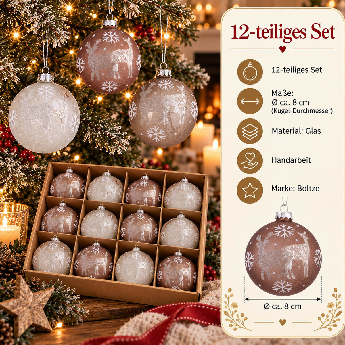 Infografik Weihnachtskugeln „Merivo“: 12-teiliges Set, Ø ca. 8 cm, Glas, Handarbeit, Marke Boltze – taupefarbene Kugel mit Hirsch und Reh