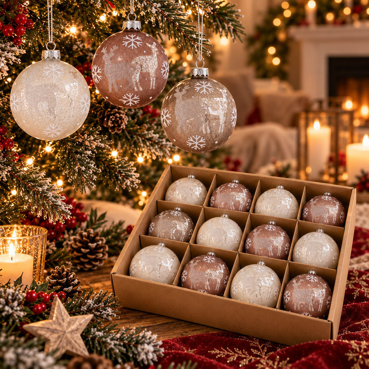 Weihnachtskugeln „Merivo“ Ø 8 cm in Taupe und Beige mit Hirsch, Reh und Schneeflocken am Weihnachtsbaum, darunter die Box mit 12 Fächern – Glas, Handarbeit, Boltze