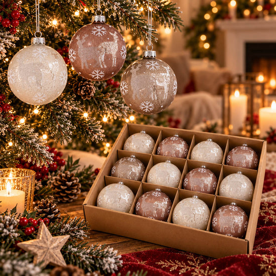 Weihnachtskugeln „Merivo“ Ø 8 cm in Taupe und Beige mit Hirsch, Reh und Schneeflocken am Weihnachtsbaum, darunter die Box mit 12 Fächern – Glas, Handarbeit, Boltze