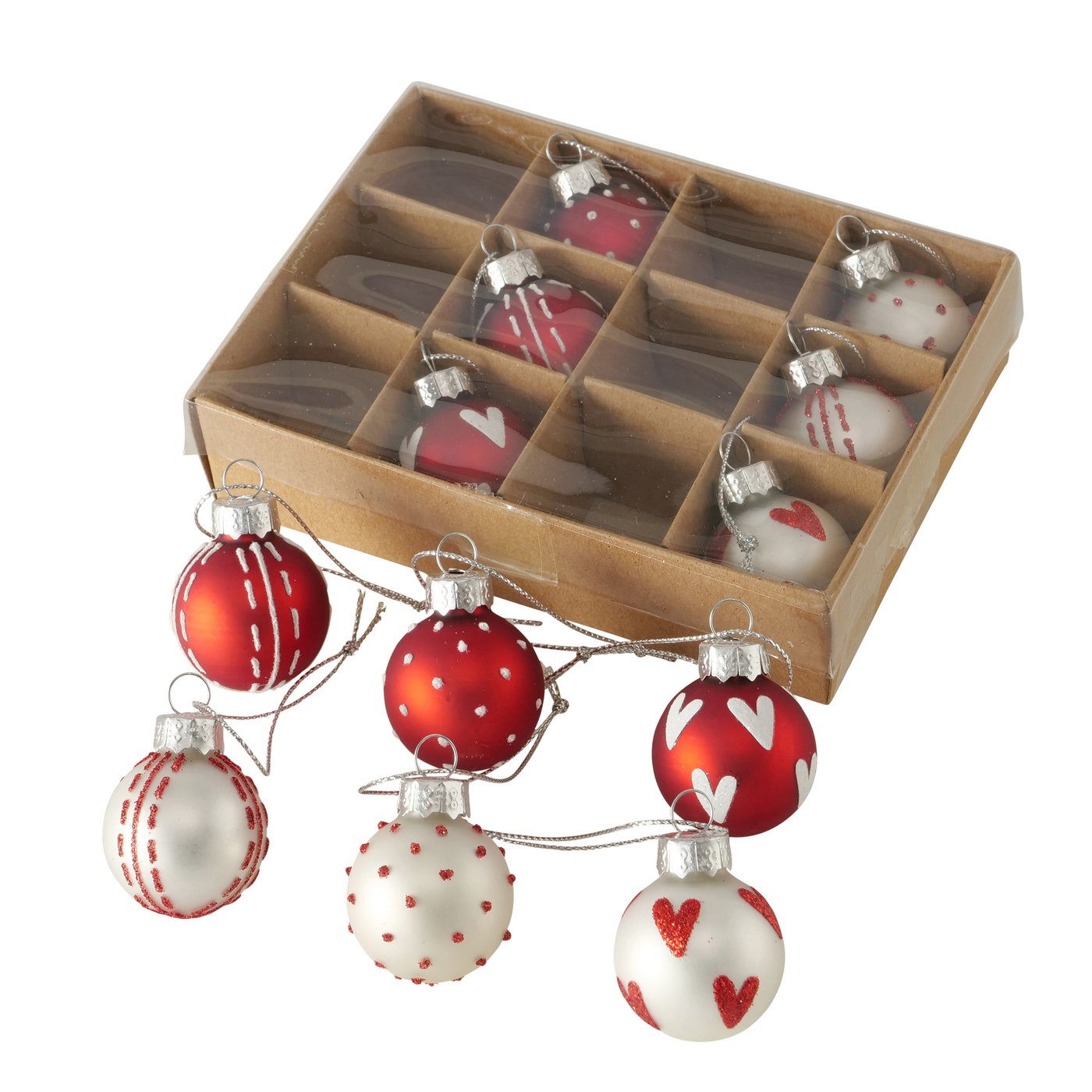 12-tlg. Set Glas-Weihnachtskugeln „Herzilein“ von Boltze, Ø 3 cm. 6 rot-weiße & 6 weiß-silberne Kugeln mit Herzmotiv – handgefertigt & edel