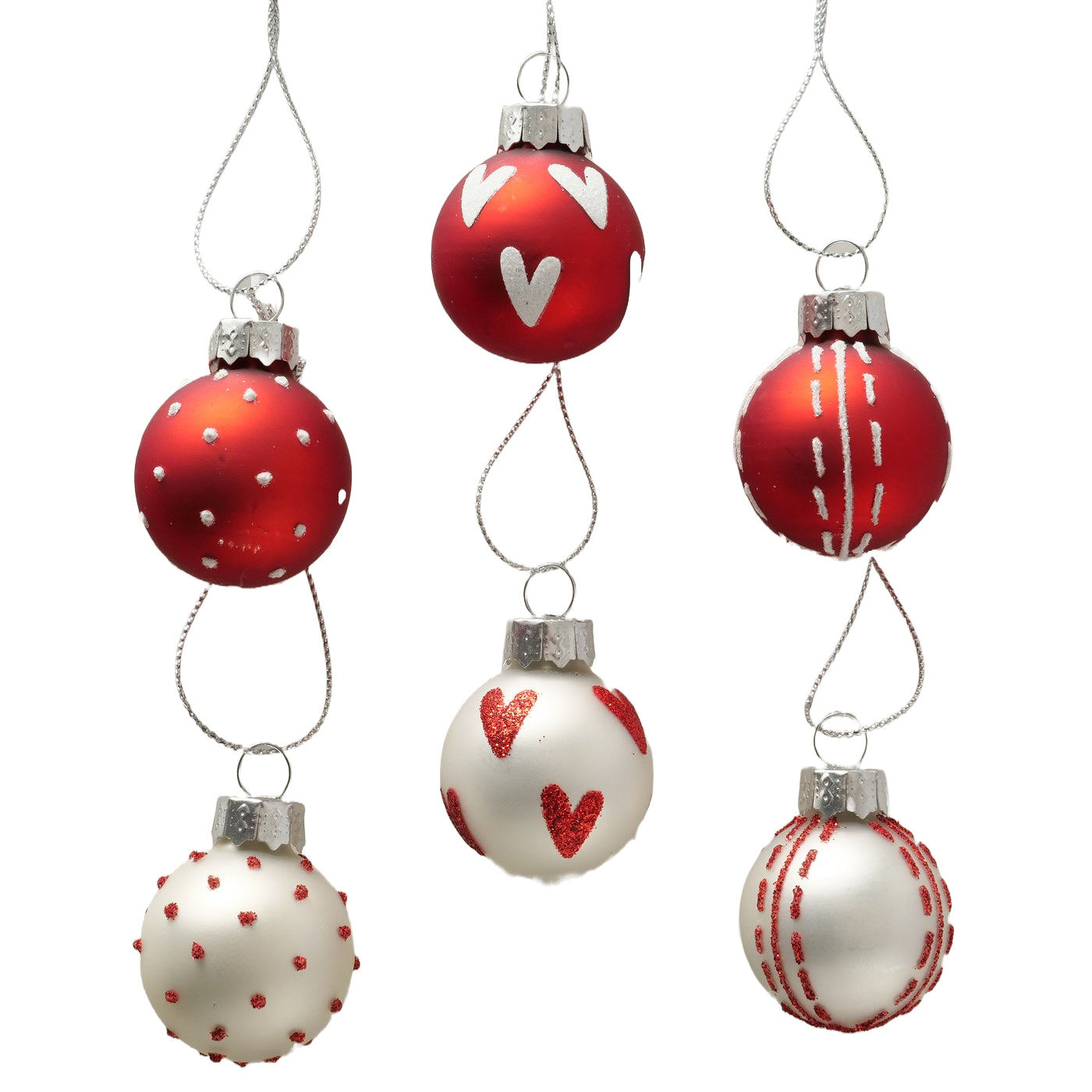 12-tlg. Set Glas-Weihnachtskugeln „Herzilein“ von Boltze, Ø 3 cm. 6 rot-weiße & 6 weiß-silberne Kugeln mit Herzmotiv – handgefertigt & edel