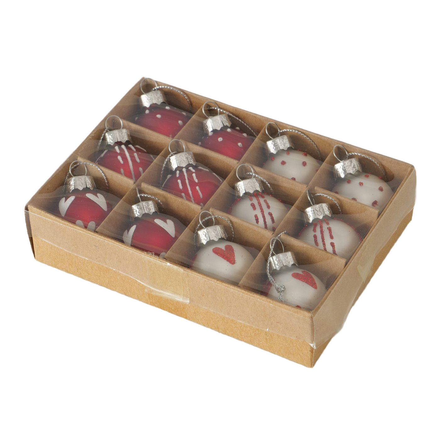 Mit Verpackung - 12-tlg. Set Glas-Weihnachtskugeln „Herzilein“ von Boltze, Ø 3 cm. 6 rot-weiße & 6 weiß-silberne Kugeln mit Herzmotiv – handgefertigt & edel