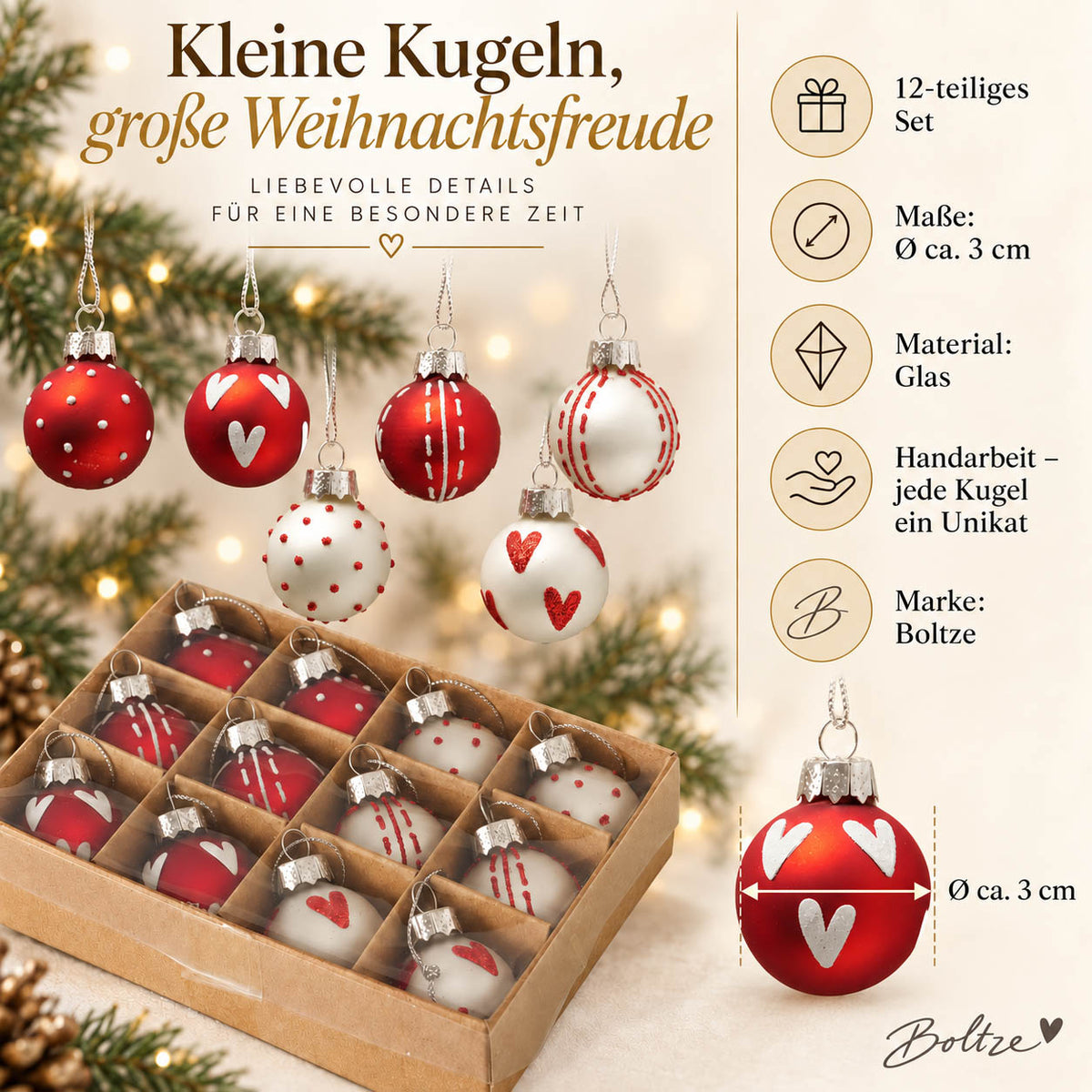 Infografik kleine Weihnachtskugeln „Herzilein“: 12-teiliges Set, Ø ca. 3 cm, Glas, Handarbeit – jede Kugel ein Unikat, Marke Boltze