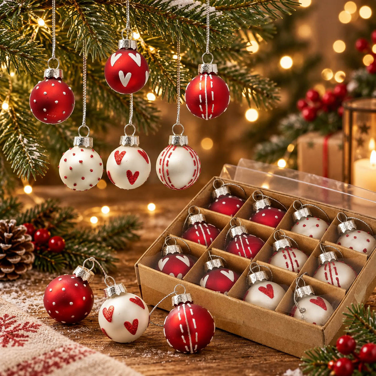 Kleine Weihnachtskugeln „Herzilein“ Ø 3 cm mit Herz-, Punkt- und Streifenmuster in Rot und Weiß am Tannenzweig, darunter die Geschenkbox mit 12 Fächern – Boltze