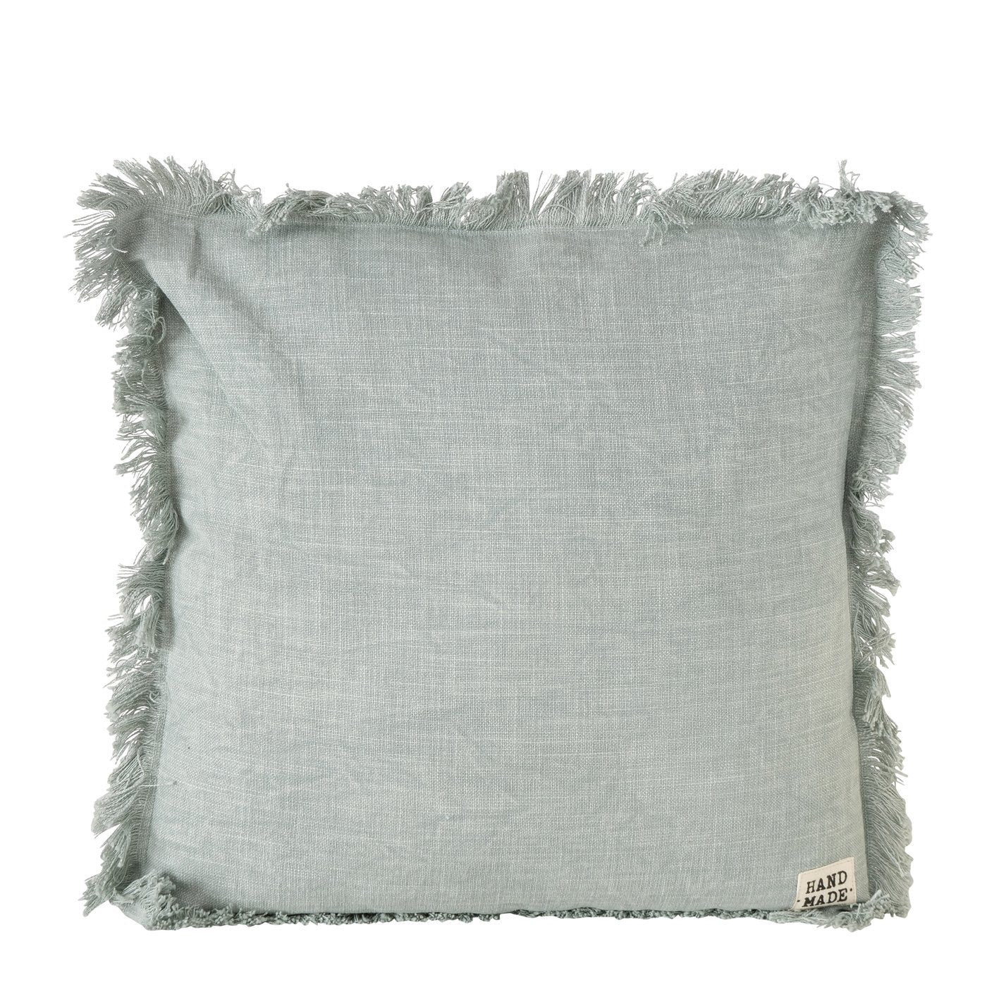 Boho Kissen grüngrau „Lenea" mit Fransenkante, 45×45 cm
