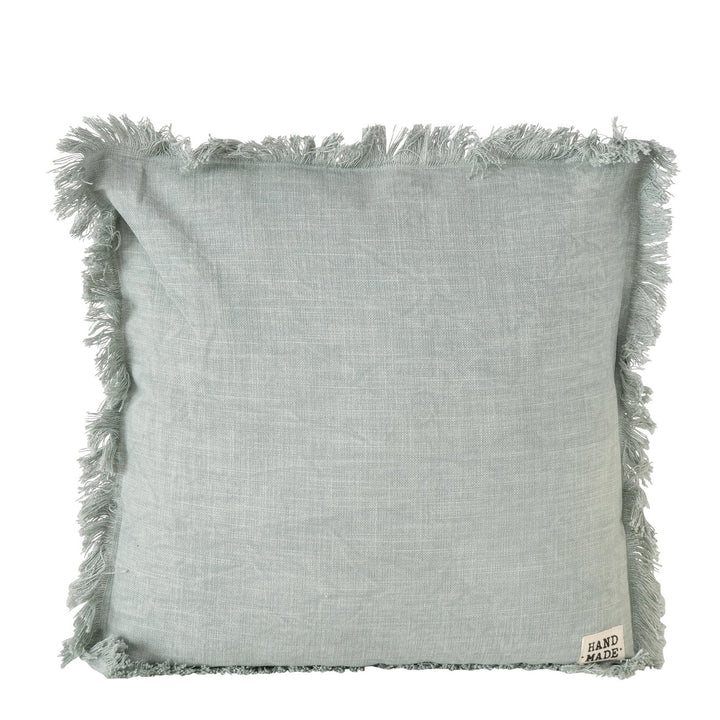 Boho Kissen grüngrau „Lenea" mit Fransenkante, 45×45 cm