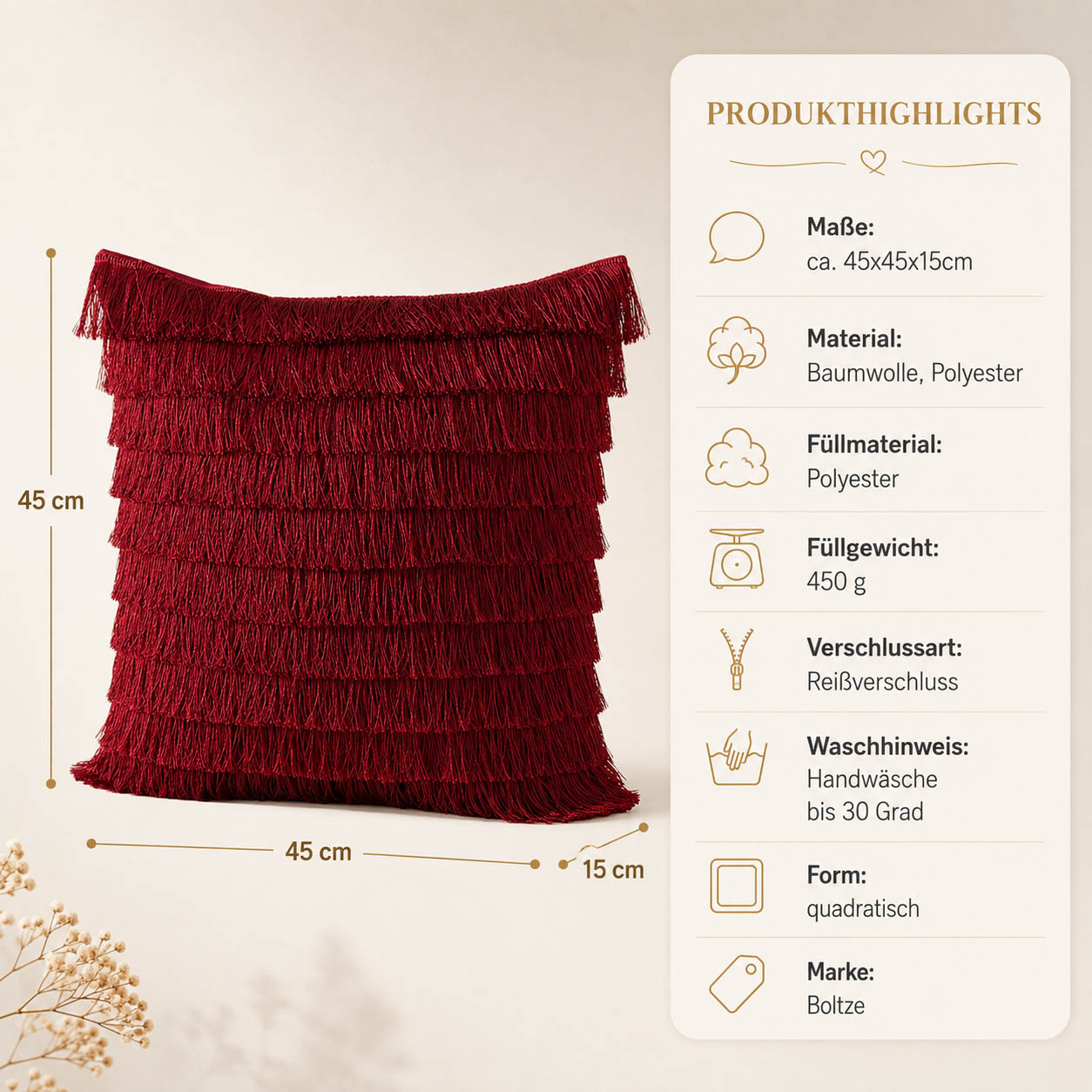 Kissen „Fringe" – Maße und Materialangaben