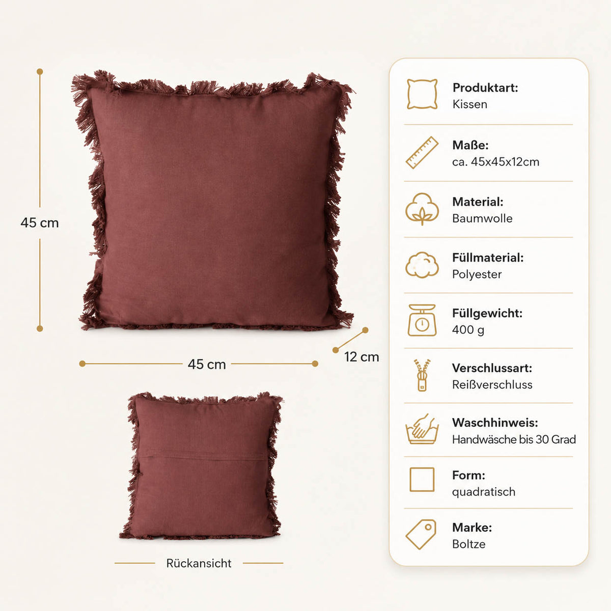 Infografik Kissen „Lenea“ rostbraun: Maße 45x45x12 cm, Baumwolle, 400 g Polyesterfüllung, Reißverschluss, Handwäsche bis 30 Grad