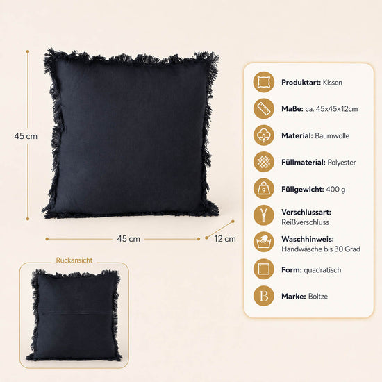 Infografik Kissen „Lenea“ schwarz: Maße 45x45x12 cm, Baumwolle, 400 g Polyesterfüllung, Reißverschluss, Handwäsche bis 30 Grad