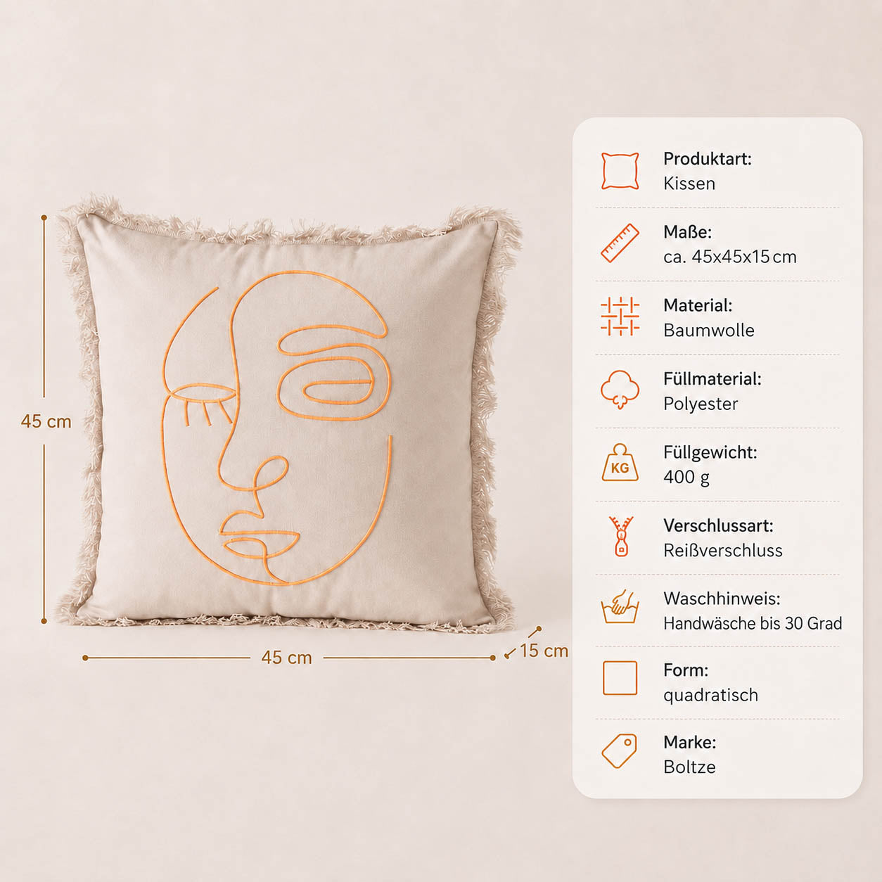 Kissen „Pica" orange – Maße und Materialangaben