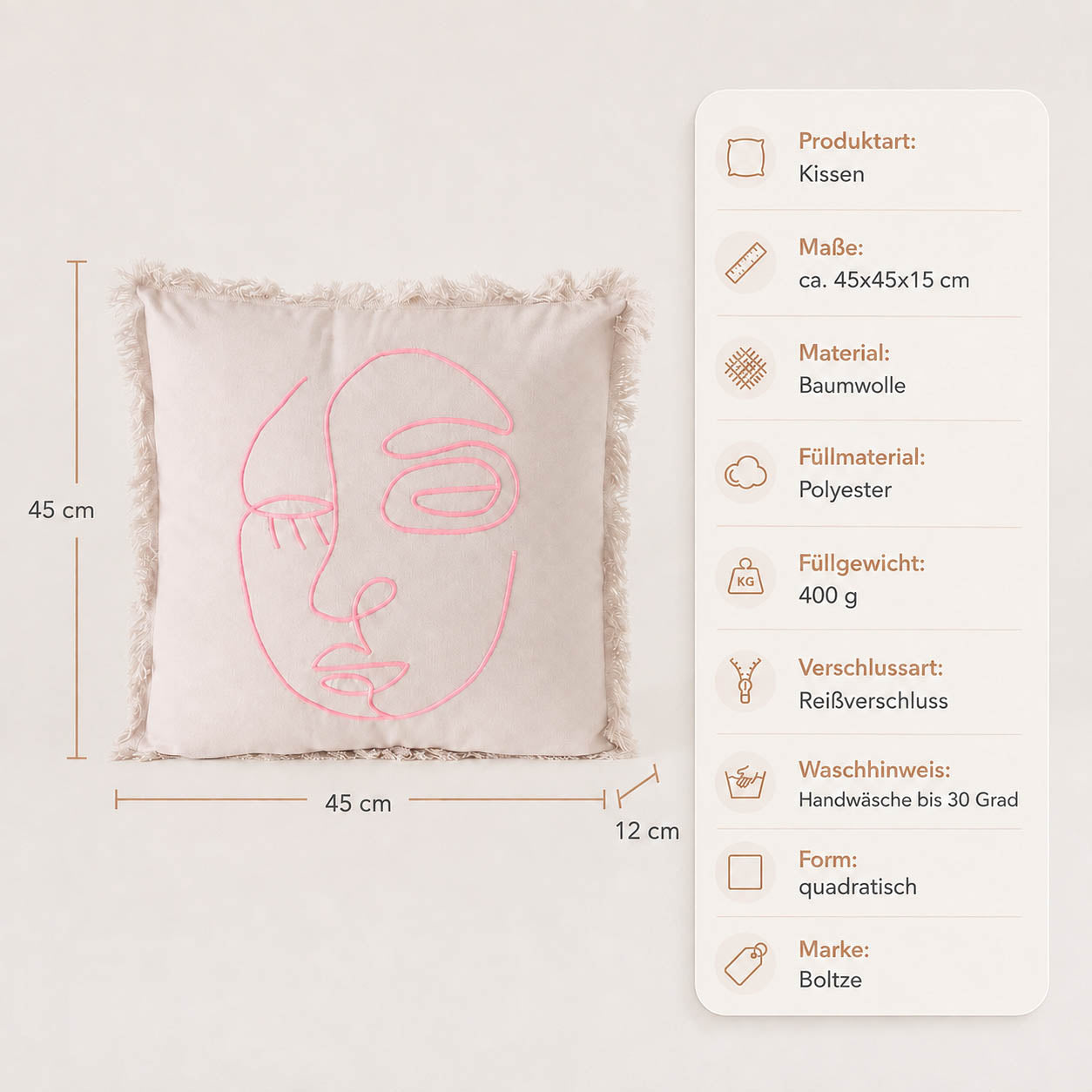 Kissen „Pica" rosa – Maße und Materialangaben