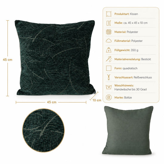Produktdetails Sofakissen dunkelgrün: 45x45x10 cm, Polyester bestickt, Füllung 350 g, Reißverschluss, Handwäsche bis 30 Grad