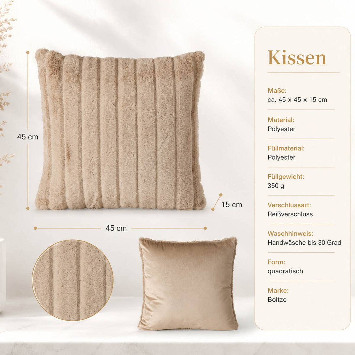 Beiges Kuschelkissen mit gerippter Fell-Optik und Samtrückseite