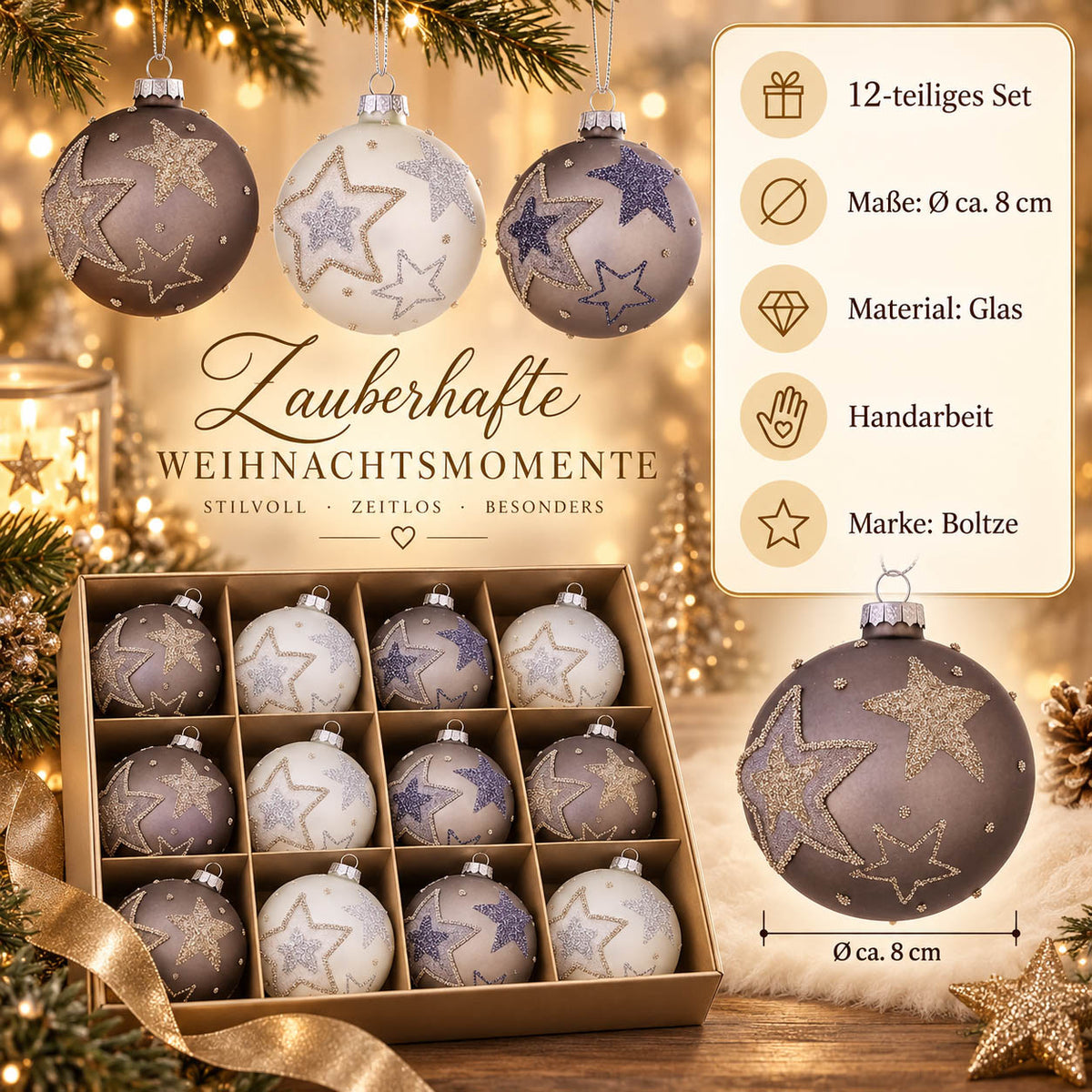 Infografik Weihnachtskugeln „Stiara“: 12-teiliges Set, Ø ca. 8 cm, Glas, Handarbeit, Marke Boltze – taupefarbene Kugel mit goldenen Glitzersternen