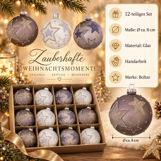 Infografik Weihnachtskugeln „Stiara“: 12-teiliges Set, Ø ca. 8 cm, Glas, Handarbeit, Marke Boltze – taupefarbene Kugel mit goldenen Glitzersternen