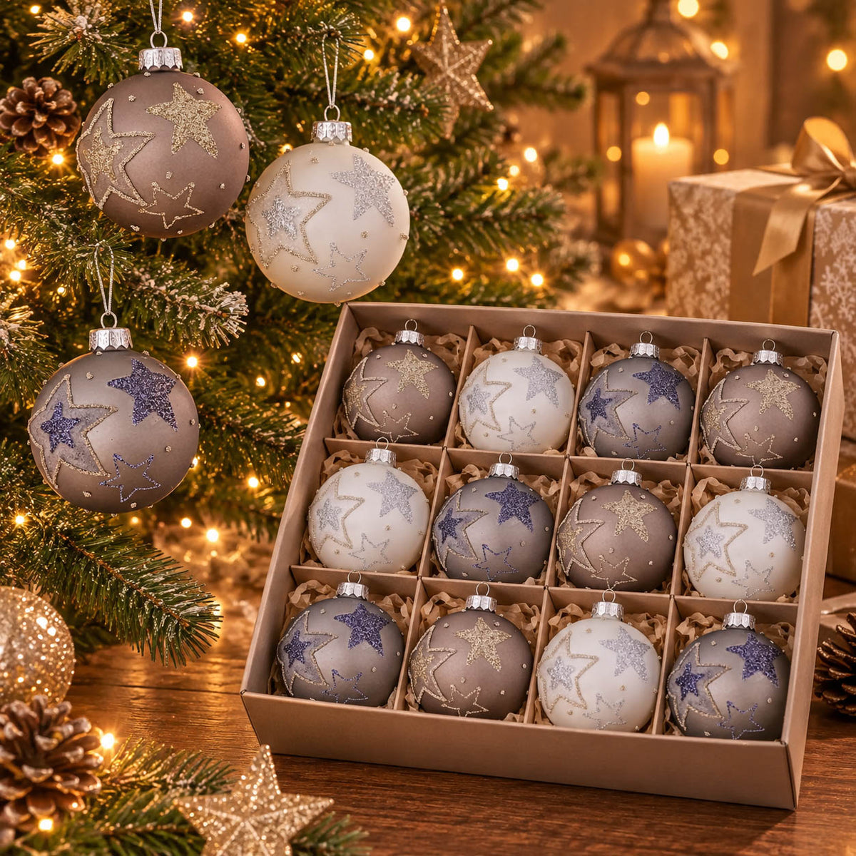 Weihnachtskugeln „Stiara“ Ø 8 cm in Taupe, Creme und Grau mit Glitzersternen in Gold, Silber und Blau am Tannenzweig, darunter die Box mit 12 Fächern – Glas, Boltze