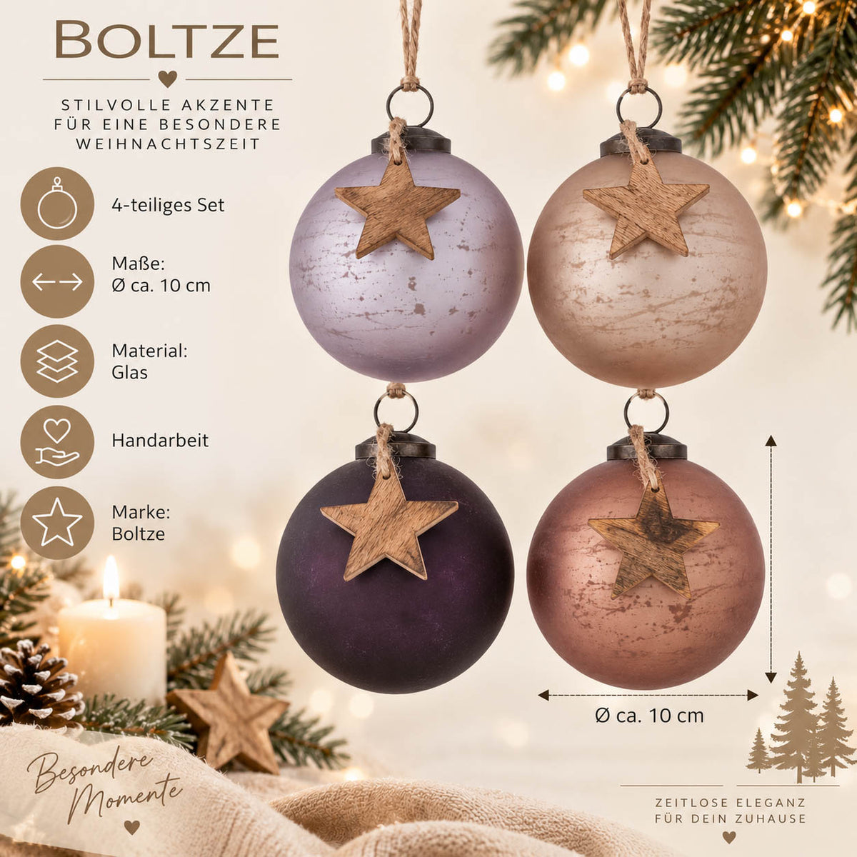 Infografik große Weihnachtskugeln „Fenjol“: 4-teiliges Set, Ø ca. 10 cm, Glas, Handarbeit, Marke Boltze – Kugeln mit Holzstern