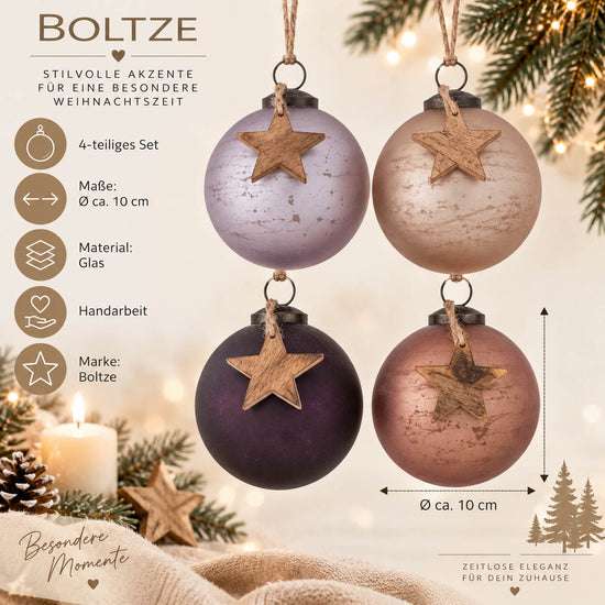 Infografik große Weihnachtskugeln „Fenjol“: 4-teiliges Set, Ø ca. 10 cm, Glas, Handarbeit, Marke Boltze – Kugeln mit Holzstern