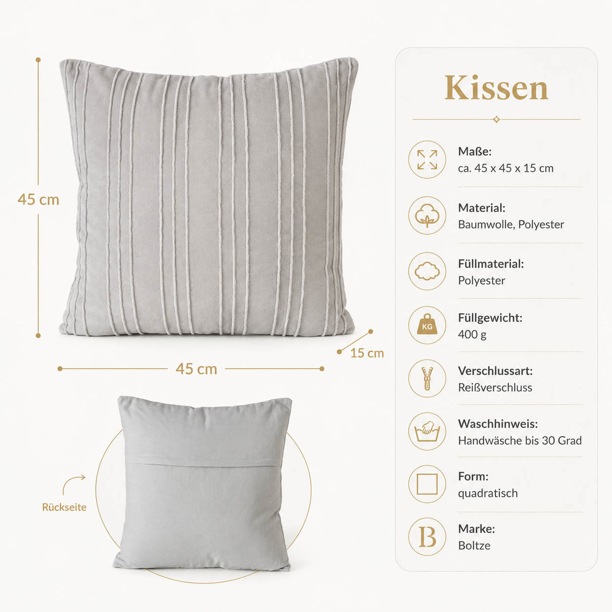Produktdetails Sofakissen Streifenrelief cremeweiß: 45x45x15 cm, Füllung 400 g, Reißverschluss