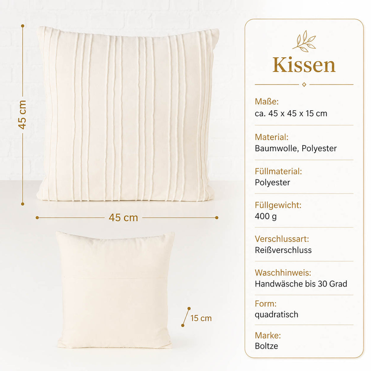 Produktdetails Sofakissen Streifenrelief grau: 45x45x15 cm, Baumwolle und Polyester, Füllung 400 g, Handwäsche bis 30 Grad
