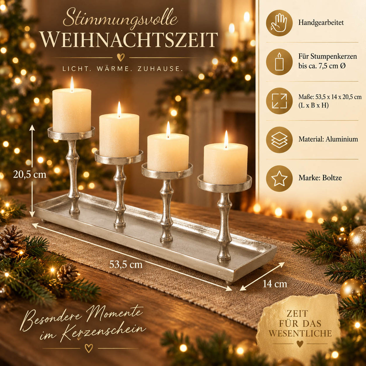 Infografik Kerzenleuchter „Furo“: handgearbeitet, für Stumpenkerzen bis ca. 7,5 cm Ø, 53,5 × 14 × 20,5 cm, Aluminium silber, Marke Boltze