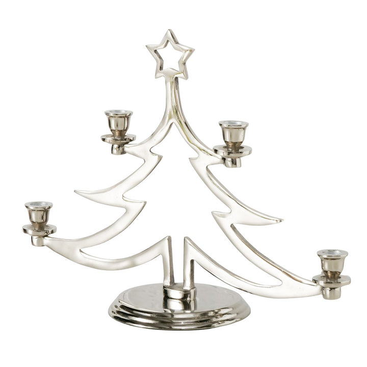 Kerzenleuchter „Grante“ in Weihnachtsbaum-Form mit Stern für 4 Stabkerzen – Adventskerzenhalter aus vernickeltem Aluminium in Silber, 47 × 35 cm, Boltze