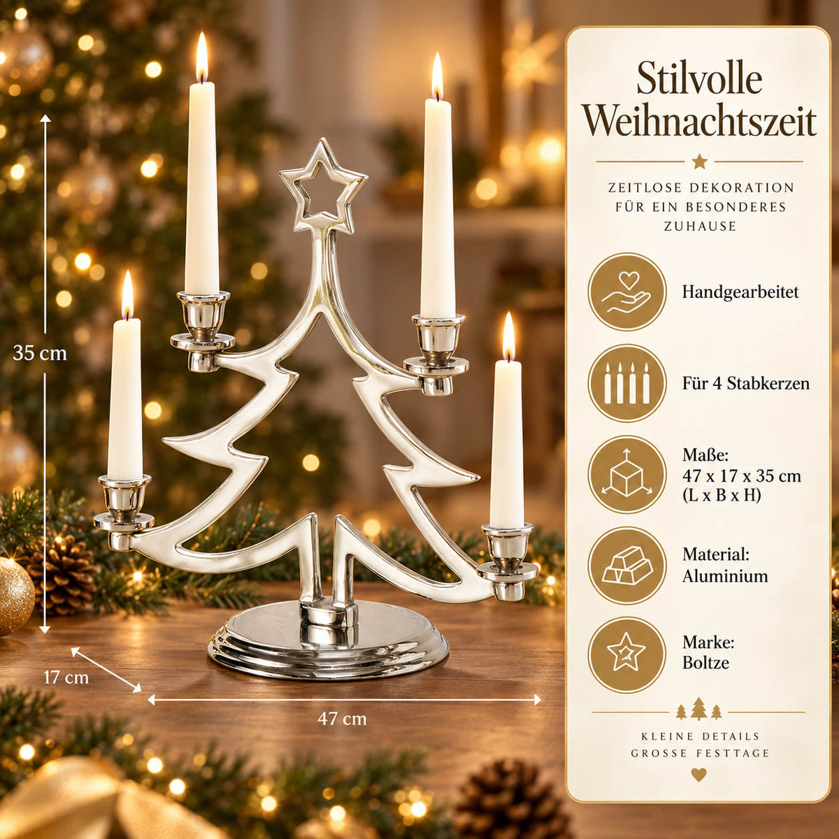 Infografik Kerzenleuchter „Grante“: handgearbeitet, für 4 Stabkerzen, 47 × 17 × 35 cm, Aluminium silber, Marke Boltze