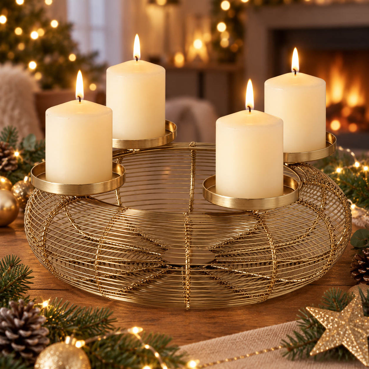 Kerzenleuchter „Ringvi“ rund mit vier brennenden Stumpenkerzen in weihnachtlicher Dekoration – goldener Adventskranz modern aus Eisen, Ø ca. 31,5 cm, Boltze