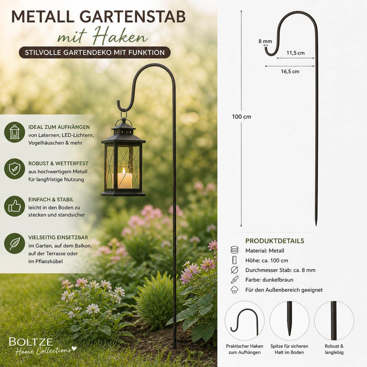 Metall Gartenstab mit Haken 100cm dunkelbraun stabil