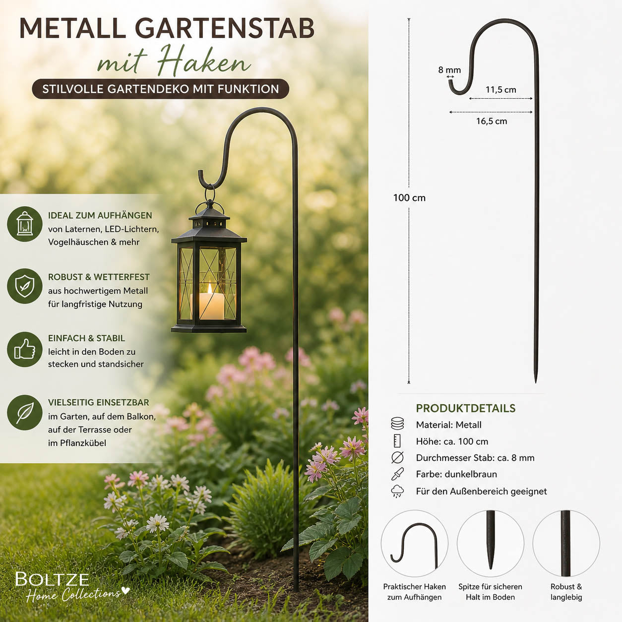 Metall-Gartenstab mit Haken von Boltze, 100 cm hoch, Ø 8 mm. Ideal zum Aufhängen von Laternen, Vogelhäuschen & LED-Deko im Garten - Beschreibung Maße