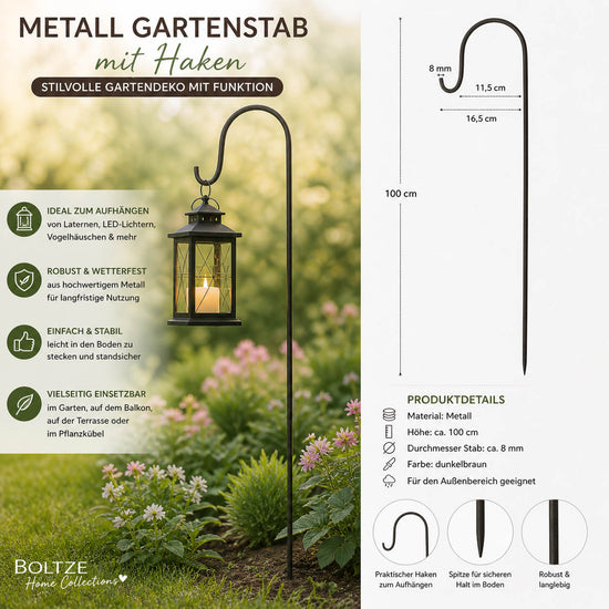 Metall-Gartenstab mit Haken von Boltze, 100 cm hoch, Ø 8 mm. Ideal zum Aufhängen von Laternen, Vogelhäuschen & LED-Deko im Garten - Beschreibung Maße