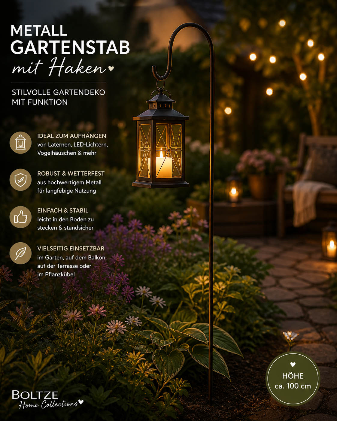 Metall-Gartenstab mit Haken von Boltze, 100 cm hoch, Ø 8 mm. Ideal zum Aufhängen von Laternen, Vogelhäuschen & LED-Deko im Garten