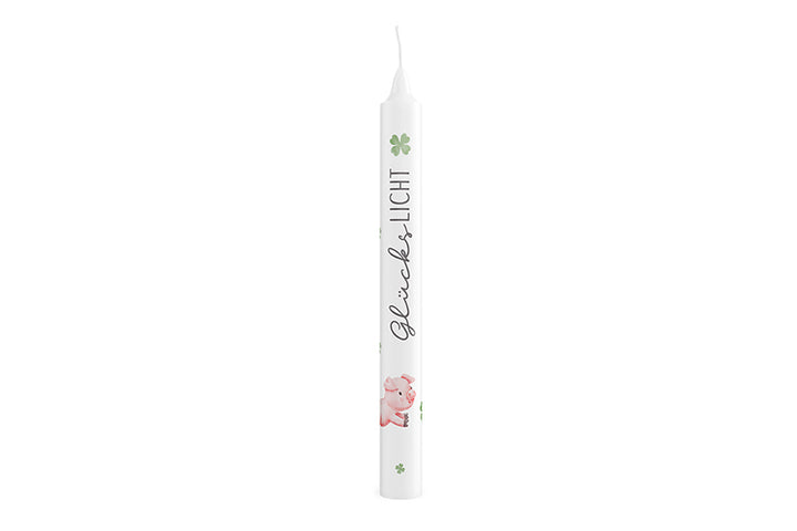 Geschenk für Dich Stabkerze mit Aufschrift Glückslicht und Glücksschwein und Kleeblatt Motiv