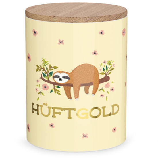 308677 gelbe Vorratsdose mit Spruch Hüftgold und Faultier Motiv von Geschenk für Dich , 4027268335626