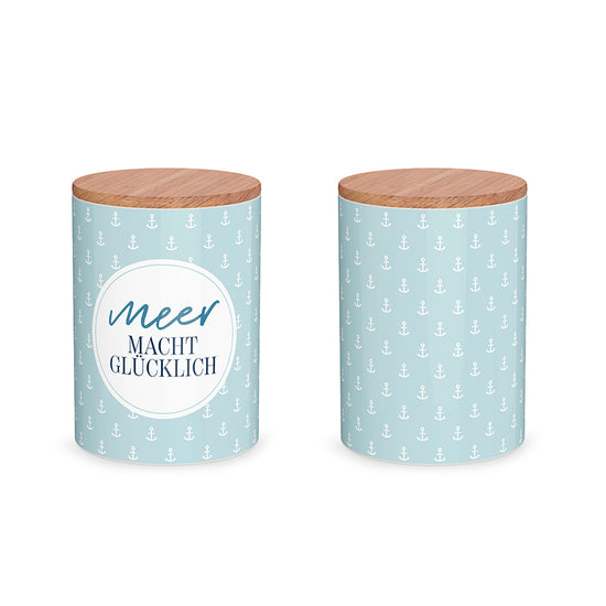 308841 Keramik Vorratsdose blau mit weißen Ankern Meer macht glücklich von Geschenk für Dich