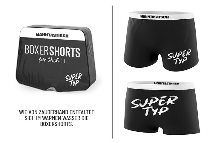Magische Boxershorts „Super Typ“ – schwarze Fun-Shorts mit weißem Bund und MANNTASTISCH-Schriftzug - von Geschenk für Dich, Männergeschenk