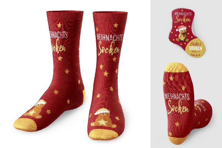 Zaubersocken von Geschenk für Dich mit Aufschrift Weihnachtssocken und Weihnachts-Teddy Motiv