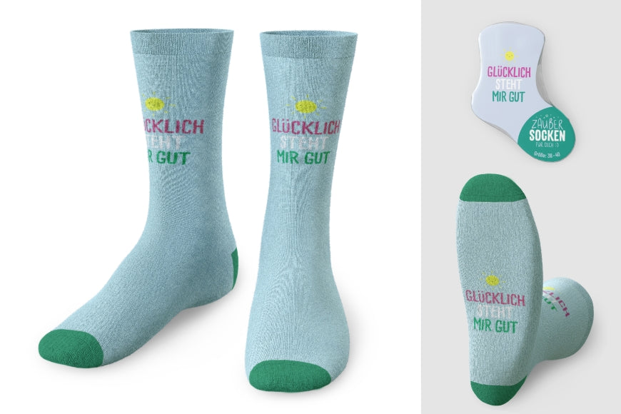 Zaubersocken „Glücklich steht mir gut“ Hellblau – Geschenk für Dich