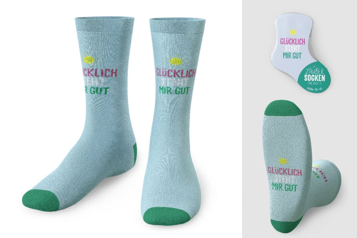 Zaubersocken „Glücklich steht mir gut“ Hellblau – Geschenk für Dich