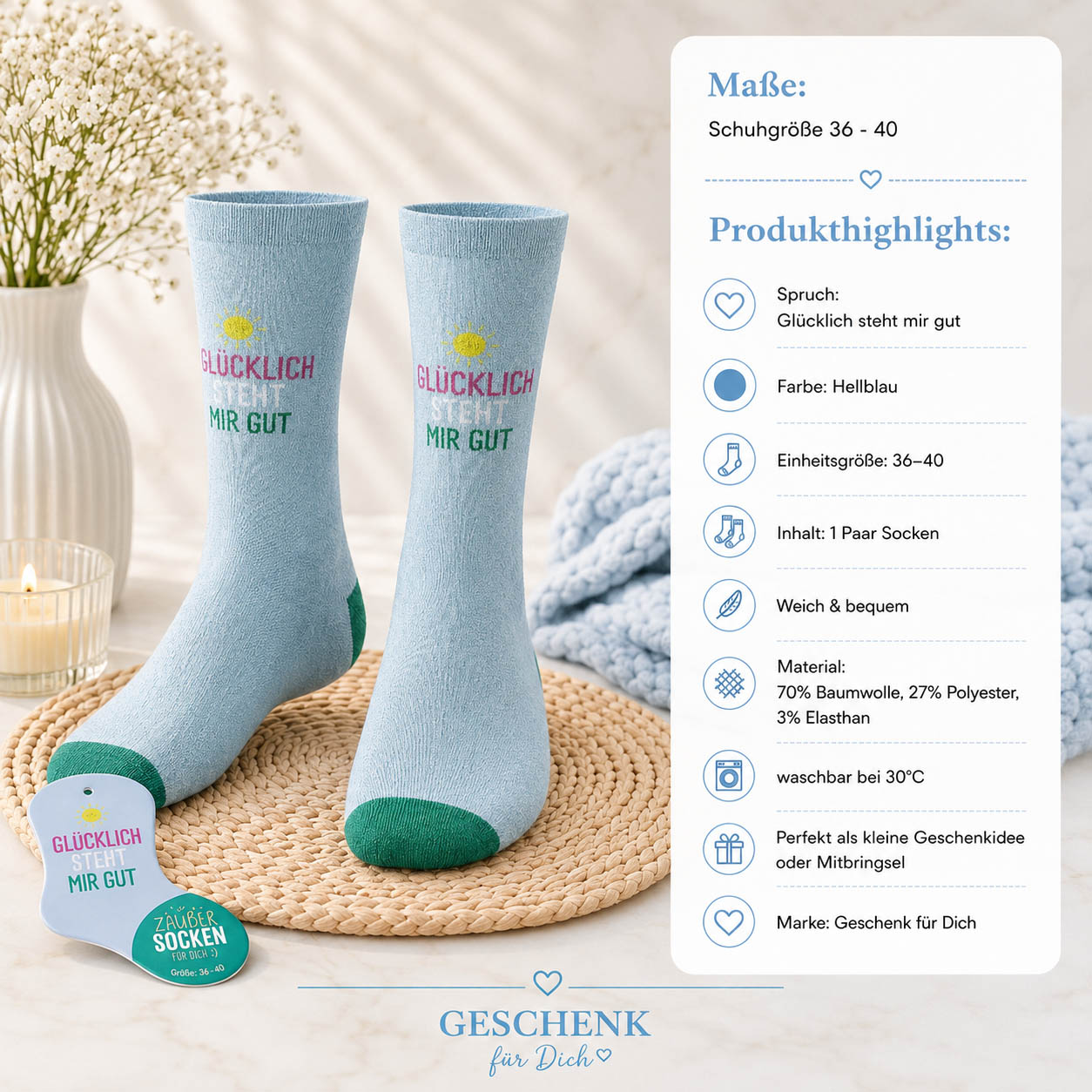 Zaubersocken „Glücklich steht mir gut“ Hellblau – Geschenk für Dich (Highlight)