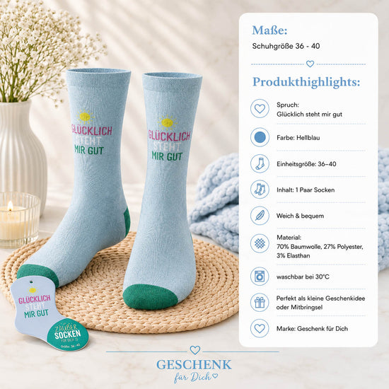 Zaubersocken „Glücklich steht mir gut“ Hellblau – Geschenk für Dich (Highlight)