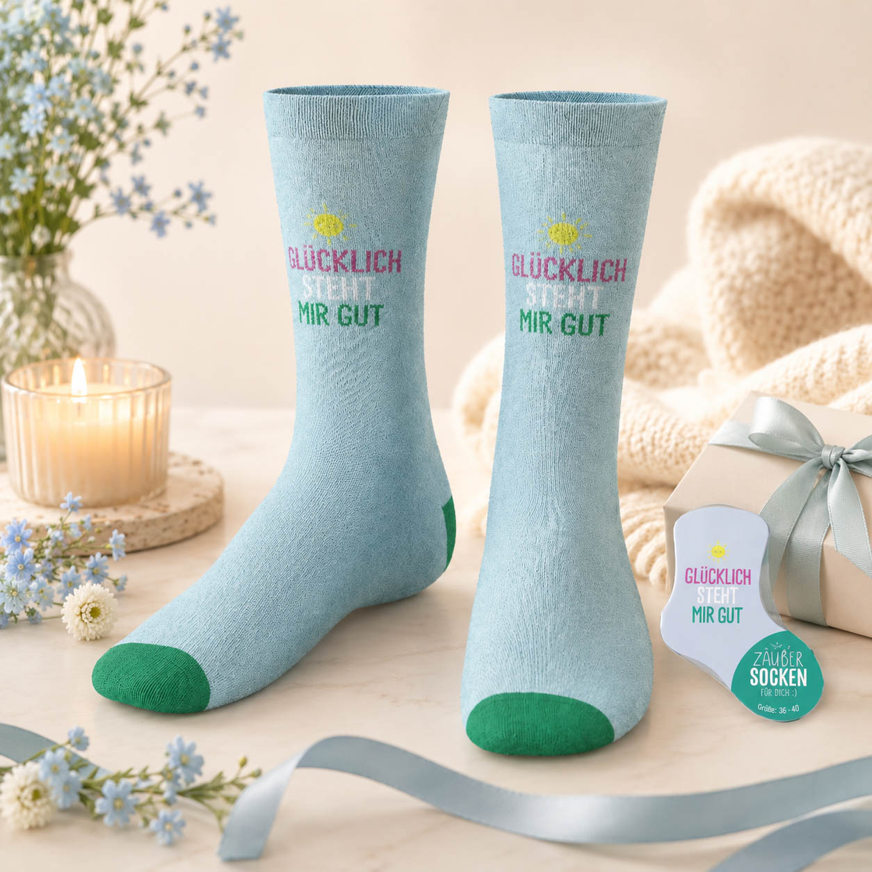 Zaubersocken „Glücklich steht mir gut“ Hellblau – Geschenk für Dich (Moodbild)