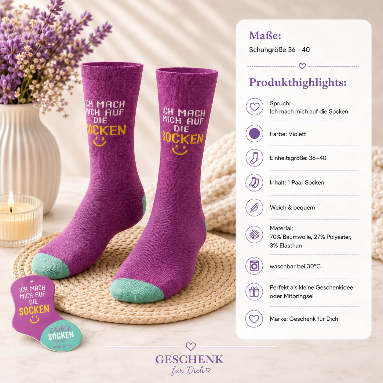 Zaubersocken „Ich mach mich auf die Socken“ Violett – Geschenk für Dich (Highlight)