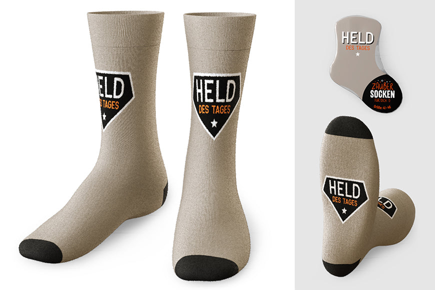 375304 Geschenk für Dich Zaubersocken Held des Tages, beige graue Männer Socken