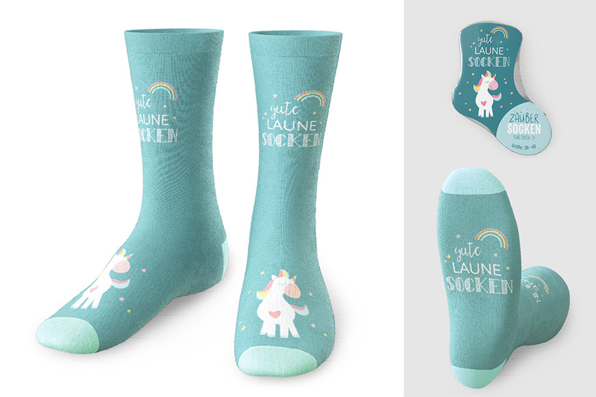 375582 Geschenk für Dich Zaubersocken Gute Laune Socken, türkis blau mit Einhorn, Frauensocken