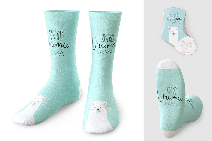 375673 Geschenk für Dich Zaubersocken No Drama Lama, Frauen Socken blau mit weißen Lama Alpaka