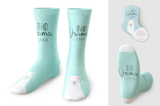 375673 Geschenk für Dich Zaubersocken No Drama Lama, Frauen Socken blau mit weißen Lama Alpaka