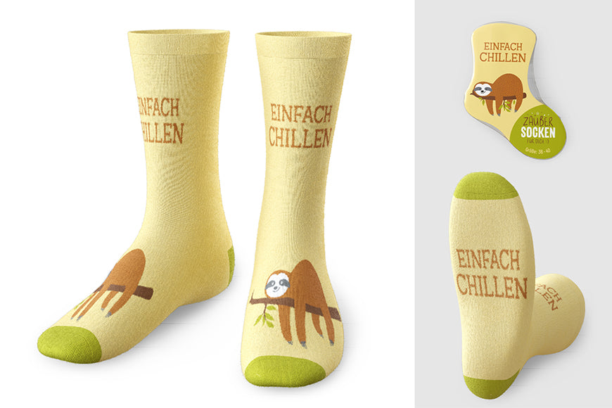 375677 Geschenk für Dich Zaubersocken Einfach chillen, gelbe Socken mit Faultier